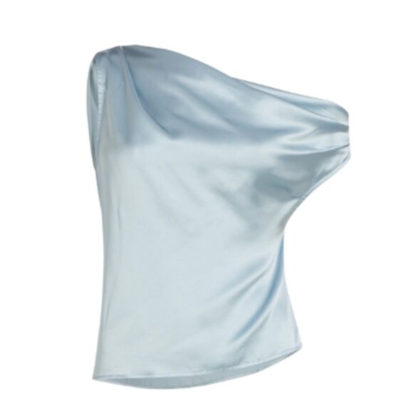 Reformation Annika Draped Silk Off-Shoulder Top in Mineral - Picture 1 of 4